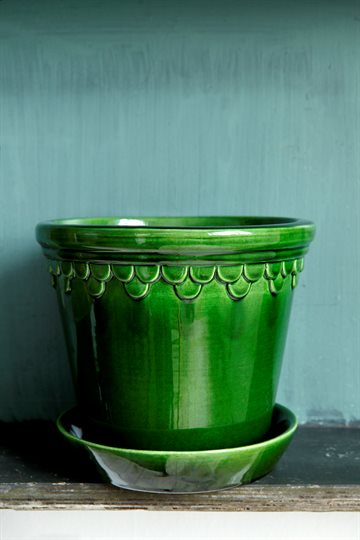 Københavner potte m. underfad, glaseret, grøn, 14 cm., Bergs Potter